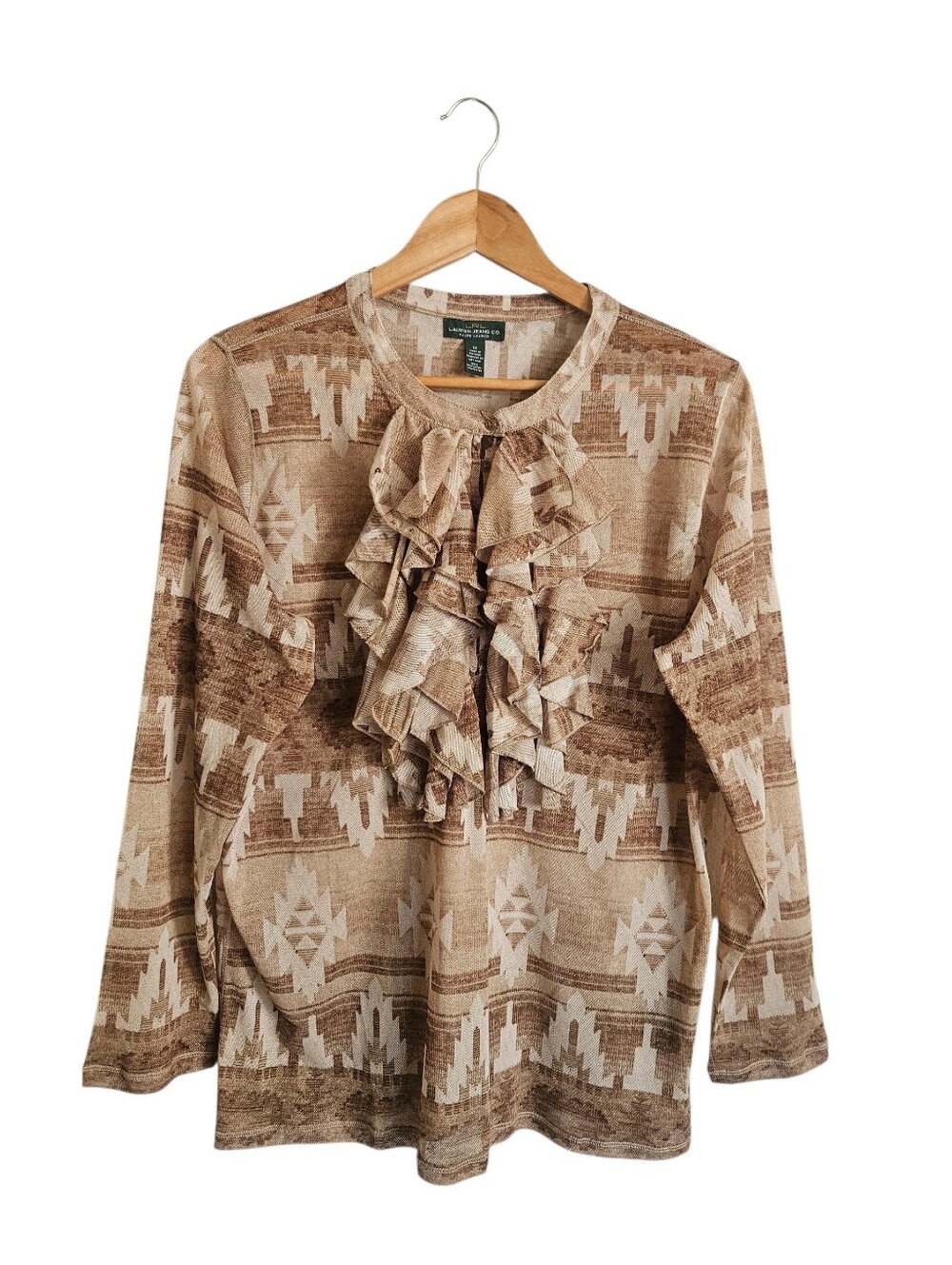 Lauren Ralph Lauren Western Brown Ruffled Aztec-Print Long Sleeve Mesh Top 1X